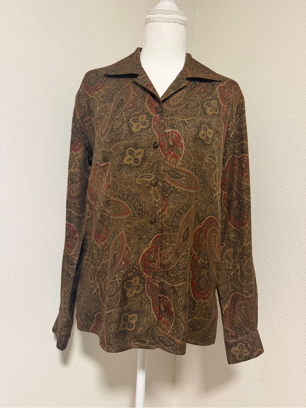 Ralph Lauren Brown Paisley Button-Front Blouse 100% Silk Academia Professor
